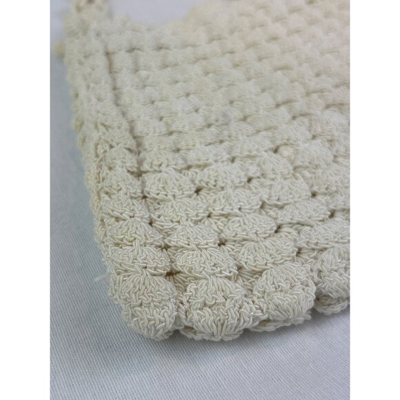 Vintage Cream Crochet Handbag Plastic Chain Double Strap Zipper Closure - Picture 2 of 11